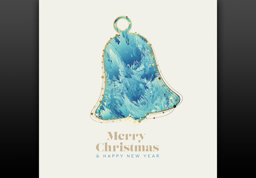 Minimalist ligh Christmas flyer/card template with golden christmas bell shape filled with blue abstract illustration