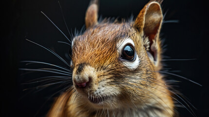 Obraz premium Vibrant squirrel with sharp whiskers and detailed fur looking alert in a dramatic close-up against a black background
