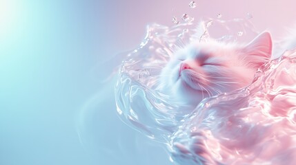 A surreal depiction of a white cat in a pastel-colored splash of water, captured in mid-motion with glowing highlights