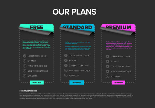 Our subscription plans infographic dark template with free standard and premium options with descriptions