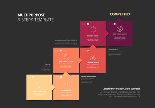 Dark six steps process progress infographic template made from red squares and arrows