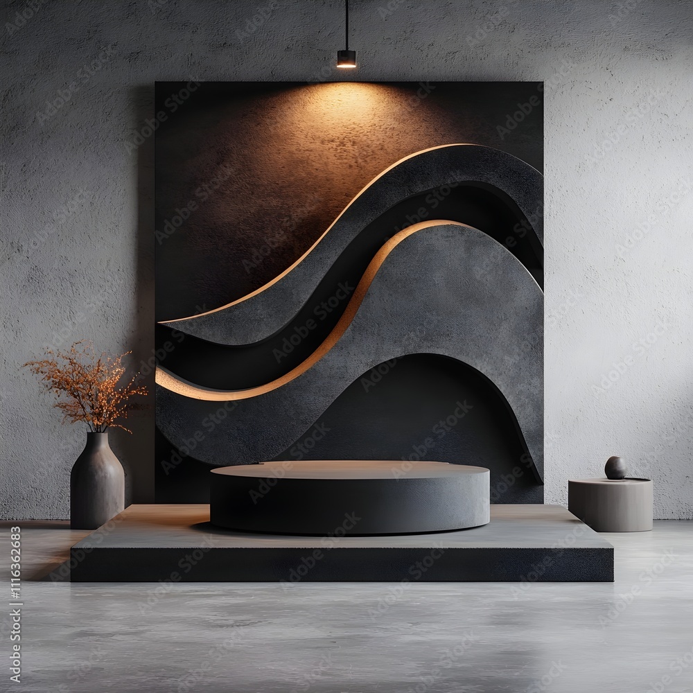 Poster minimalist roll up display stand in a stark modern studio with a streamlined geometric form matte lo
