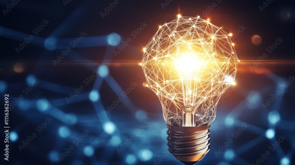 Poster illuminating innovation, a glowing light bulb with network of connected lines symbolizing ideas and 