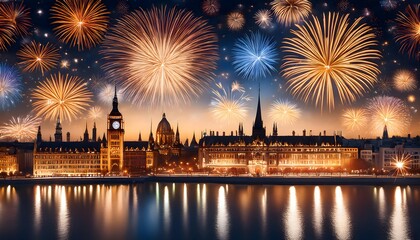 Naklejka premium Spectacular Fireworks Illuminating Iconic Westminster Skyline at Night in Stunning Display