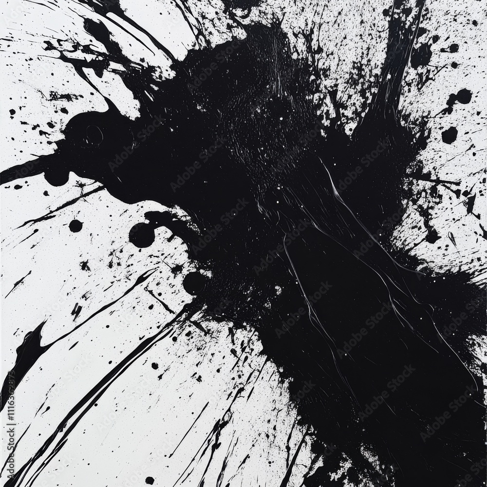 Fototapete A black splatter ink background offers a striking and dynamic visual experience. Bold splashes and intricate patterns of black ink spread across the canvas, creating a sense of depth and movement.