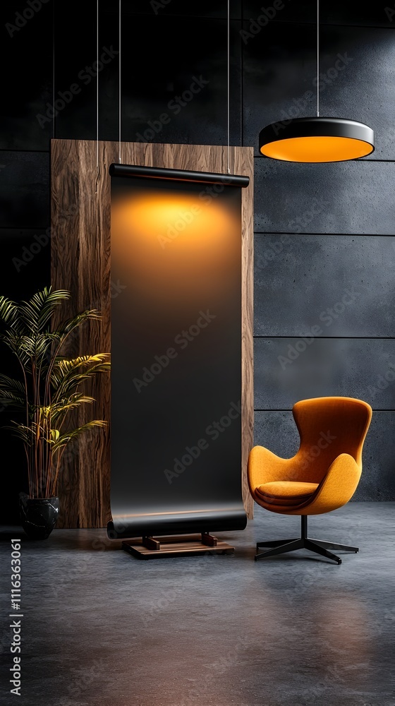 Poster a minimalist photography studio setting with a simple geometric roll up banner backdrop and directio