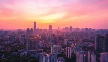 Obraz premium A vibrant city skyline at sunset, showcasing urban life and beauty.