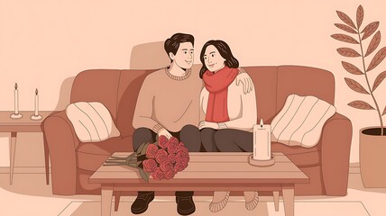 Romantic Couple Relaxing on a Cozy Sofa with Roses