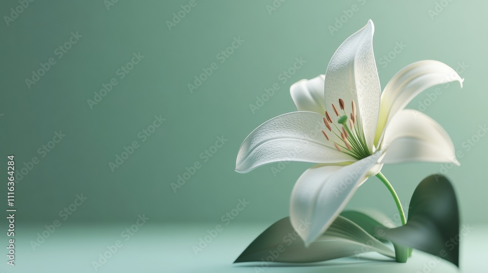 Poster a 3d rendered lily flower, softly lit with realistic textures, standing alone with ample room for te