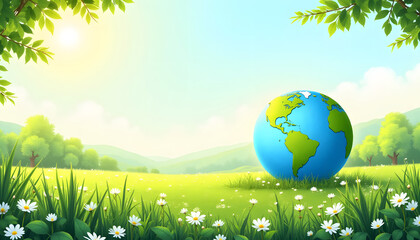 Earth Day banner illustration with vibrant colors promoting environmental awareness in peaceful landscape
