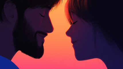 Fototapeta premium Close up of couple faces smiling at each other, showcasing love and connection against vibrant sunset background. Their expressions convey warmth and happiness