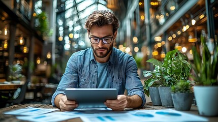 Fototapeta premium An office worker submitting tax forms online using a tablet in a bright modern workspace