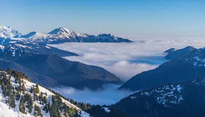 산꼭대기 풍경 눈으로 덮인 산봉우리와 그 아래로 펼쳐진 운해