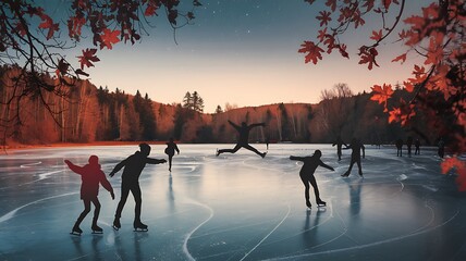 Silhouettes Ice Skating Frozen Lake Autumn Sunset