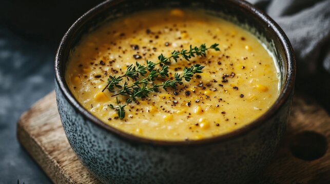 Close up of chicken corn chowder in a vintage enamel pot, set on a rustic wooden board with a sprig of thyme for garnish