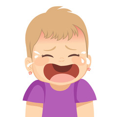 Obraz premium Sad crying baby girl vector cartoon character illustration. 2 years old stressed out of despair expressing grief and sadness