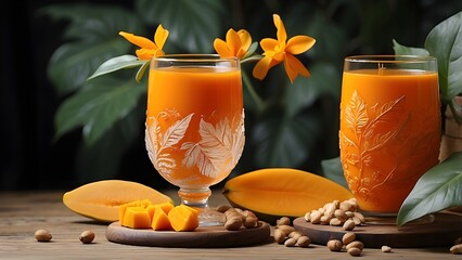 Copas de cristal conteniendo zumo de naranja y mango con un toque de cúrcuma decorados con una hoja de albahaca, sobre mesa de madera con flores y fondo desenfocado