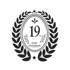 19th Years Anniversary celebration. Vector Template festive illustration Golden Color,. Birthday or wedding party event decoration.