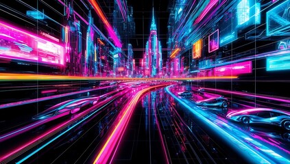 Obraz premium Neon Cityscape: A futuristic city lights up with vibrant neon signs and sleek cars racing through the digital streets. The abstract, glowing lines create a mesmerizing, dynamic world. 