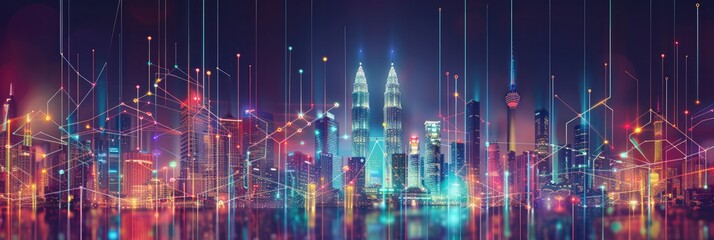 Obraz premium Abstract Design Modern. Kuala Lumpur City Skyline with Aesthetic Intricate Wave Line and Gradient Colors