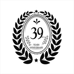 39th Years Anniversary celebration. Vector Template festive illustration black Color,. Birthday or wedding party event decoration.