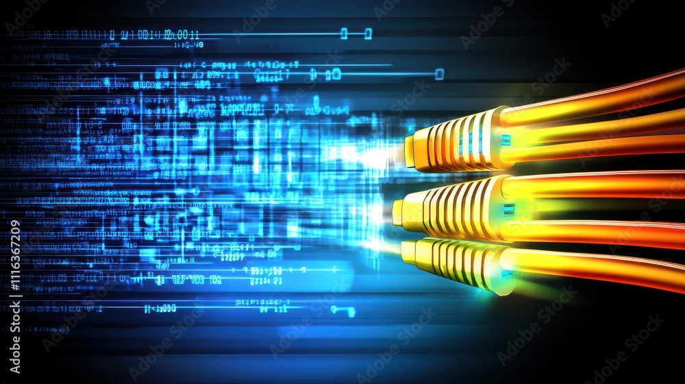 Poster dynamic visualization of fiber optic cables with light trails speeding through data streams in a hig
