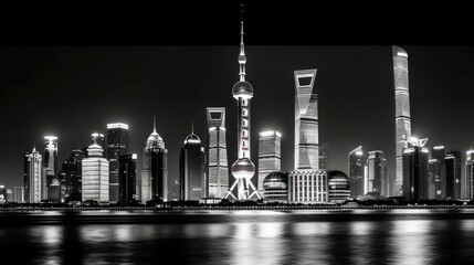 Obraz premium Shanghai skyline at night, black and white.