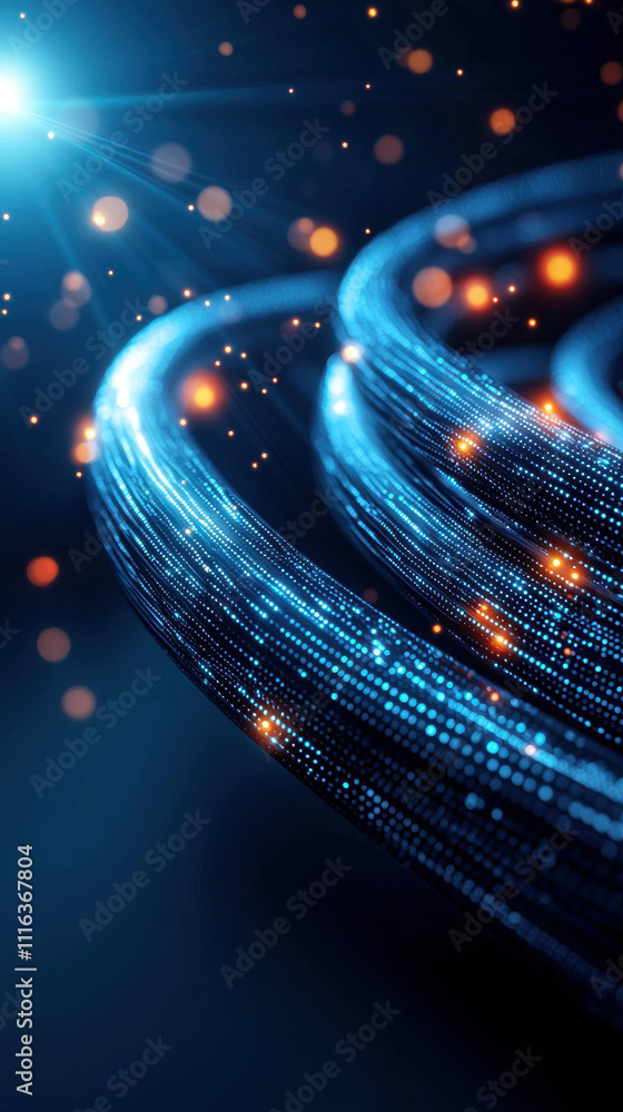 Poster a vibrant digital swirl of blue light and glowing particles, creating a dynamic sense of movement an
