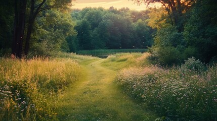 Obraz premium Sunset path through grassy field, bordering forest pond.