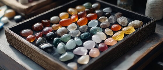 A variety of polished stones in vibrant hues lie organized in a wooden tray, showcasing a mesmerizing collection of colorful gems.