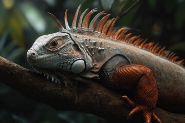 Fototapeta premium A close-up of a colorful iguana resting on a branch.