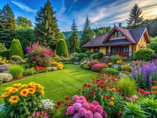 Colorful Cottage Garden, Low Light, Lush Lawn, Evergreen Trees