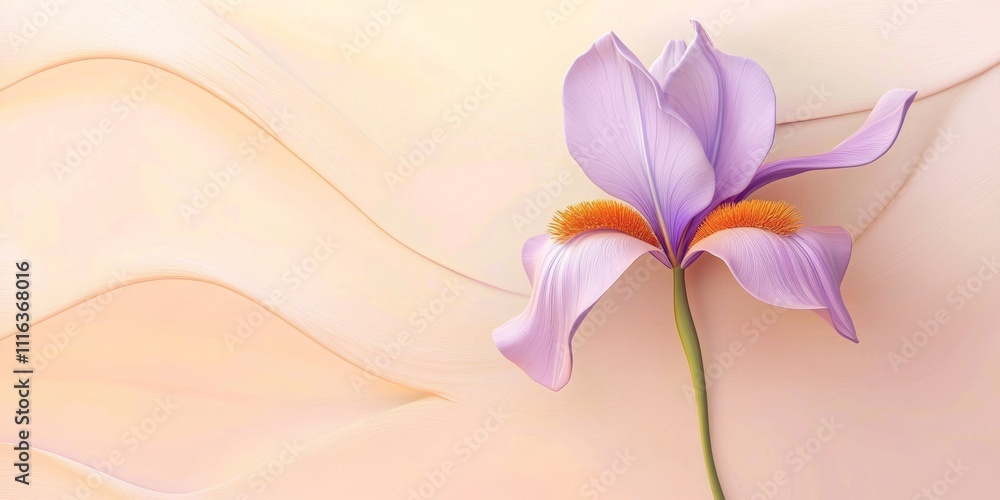 Poster a stylized, 3d icon of a seasonal iris with smooth curves, simple background design with ample copy 