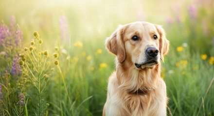 Golden retriever in vibrant spring meadow surrounded by colorful wildflowers