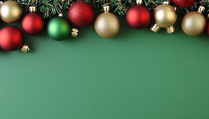 Festive Christmas Baubles Green Background Holiday Decor