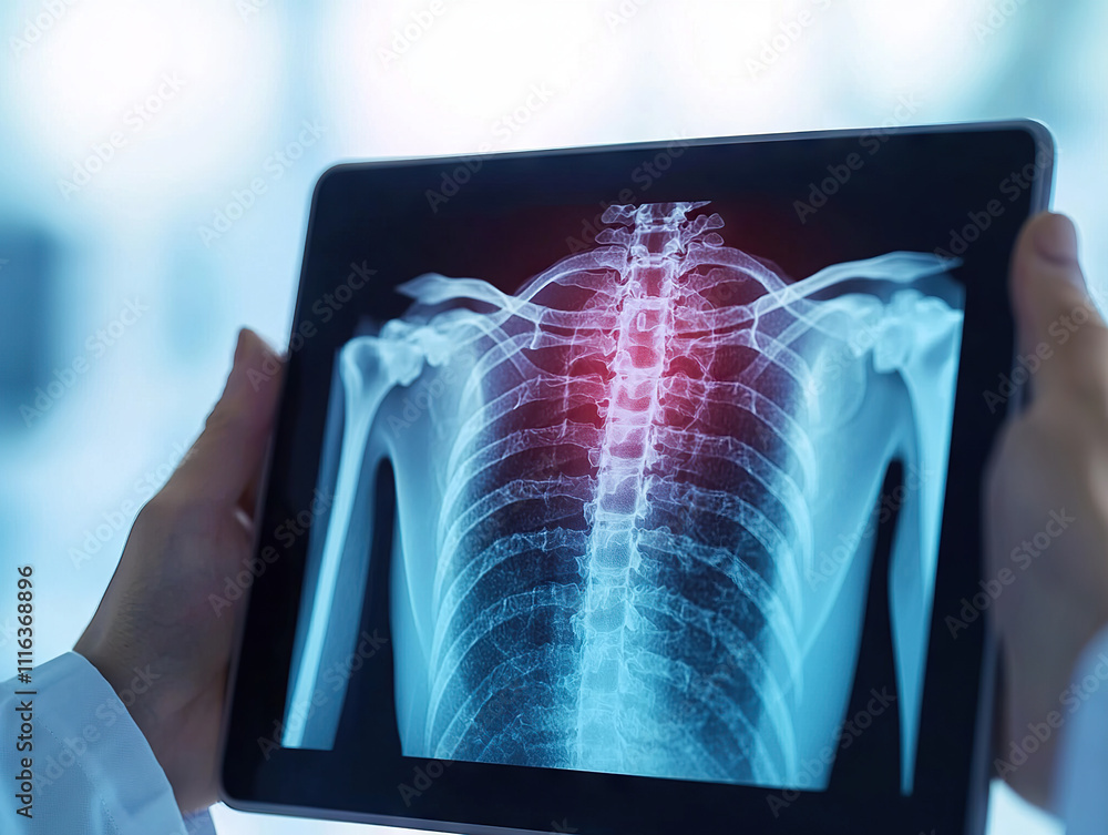 Poster digital tablet displaying x ray image of spine with highlighted injury is held by medical profession