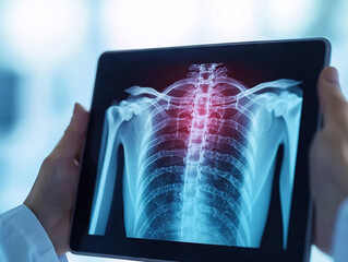 digital tablet displaying x ray image of spine with highlighted injury is held by medical professional