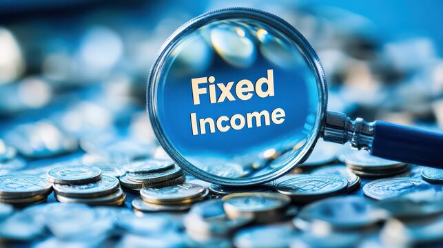 Conceptual visualization of fixed income investment strategy with magnifying glass emphasizing financial growth, surrounded by stacks of coins and a blue gradient background.