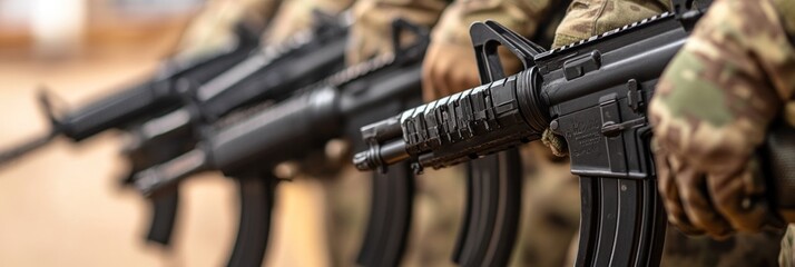 Close-up of soldiers holding rifles, emphasizing military readiness and equipment.