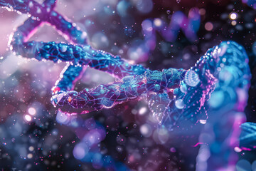 Blue and purple strand of DNA is shown in a blurry, colorful image