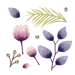 Watercolor rustic illustration with pink flowers, leaves, and natural accents in soft pastel tones.
