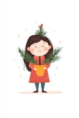 Cute Illustration of Girl Holding a Potted Plant with Decorative Leaves on White Background.
