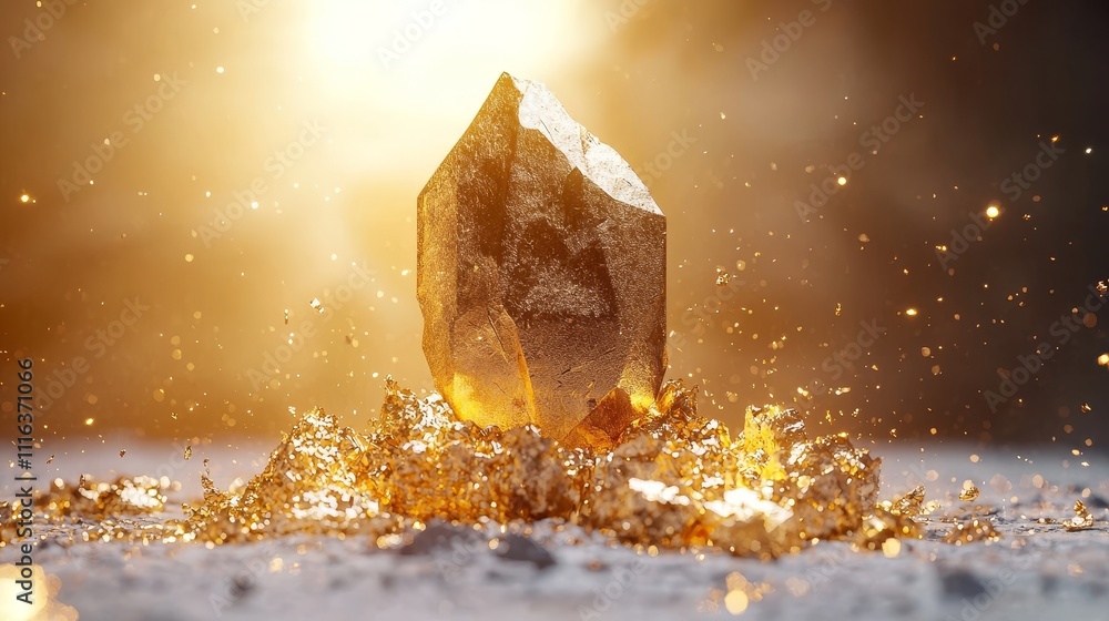 Poster golden crystal surrounded by shimmering gold flakes with bright light and soft background in captiva