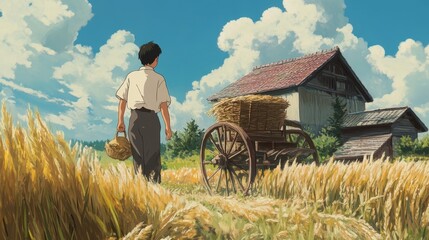 Obraz premium Man walking through a field of wheat