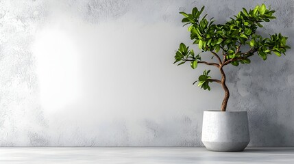 Obraz premium Beautifully Minimalist Professional Office Setting with a Flourishing Potted Plant against a Blank White Wall Creating a Serene and Productivity Enhancing Atmosphere