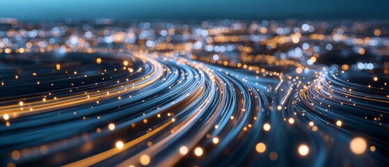 Blurred light trails resemble streams of data flowing through an abstract landscape, symbolizing the fast-paced digital age and interconnected networks.