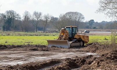 Obraz premium Bulldozer working on a construction site in a rural landscape.