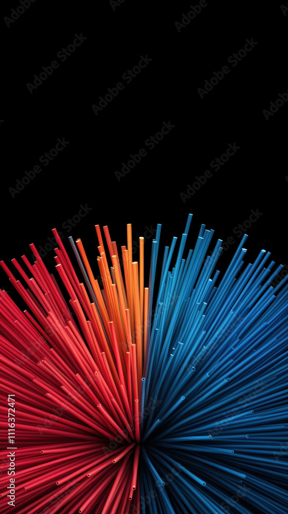 Aufkleber a vibrant abstract design featuring radial lines in red and blue against a black background, creatin