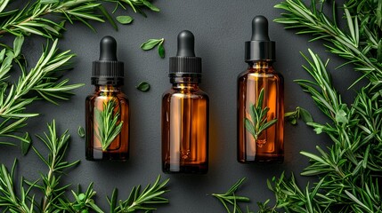Fototapeta premium Elegant Display of Amber Glass Dropper Bottles Surrounded by Fresh Green Rosemary Leaves on Dark Background
