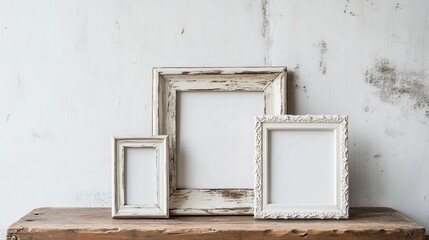 Vintage white photo frame on a wooden table, set against a white wall background.